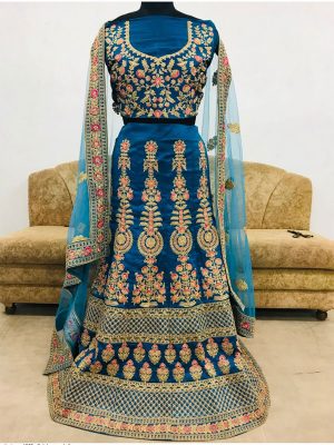 Slub Silk Bottle Green colour Bollywood Lehenga