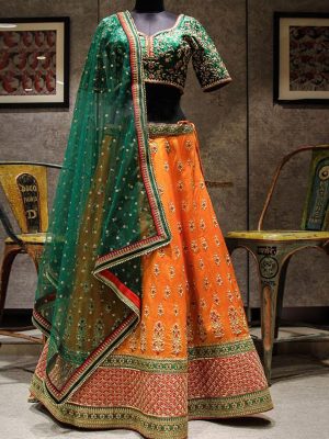 Slub Silk Orange And Green colour Bollywood Lehenga
