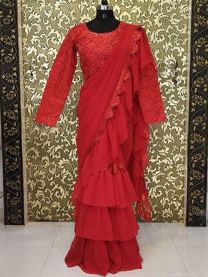Buy online Ravina Tandon Red Ruffle Pattern Saree