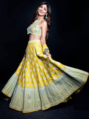 New Shilpa Shetty Yellow Crop Top Celebrity Wear Lehenga