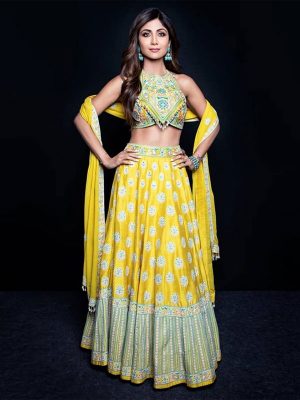 New Shilpa Shetty Yellow Crop Top Celebrity Wear Lehenga