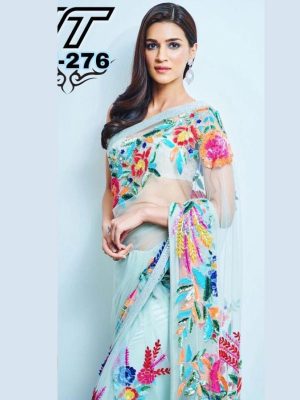 Buy New Kriti Sanon Sky Blue Beautiful Thread Work Saree