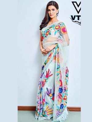 Buy New Kriti Sanon Sky Blue Beautiful Thread Work Saree