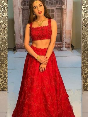 New Sara Ali Khan Red Embellished Celebrity Wear Lehenga Choli