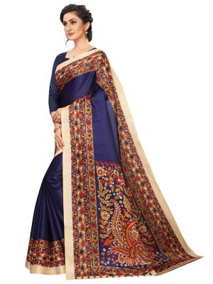 Kalamkari 14 Navy Khadi Silk Printed Kalamkaari Sarees With Blouse