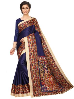 Kalamkari 14 Navy Khadi Silk Printed Kalamkaari Sarees With Blouse