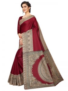 Kalmakari 13 Maroon Khadi Silk Printed Kalamkaari Sarees With Blouse