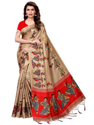 Kathak Chiku Khadi Silk Printed Kalamkaari Sarees With Blouse