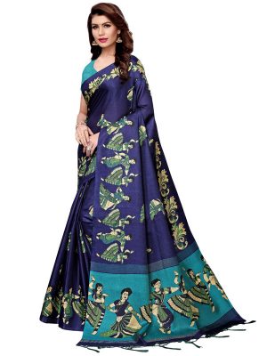 Kathak Navy Khadi Silk Printed Kalamkaari Sarees With Blouse