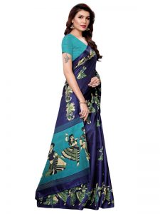 Kathak Navy Khadi Silk Printed Kalamkaari Sarees With Blouse