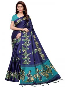 Kathak Navy Khadi Silk Printed Kalamkaari Sarees With Blouse