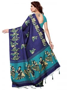 Kathak Navy Khadi Silk Printed Kalamkaari Sarees With Blouse