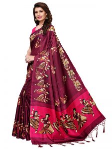 Kathak Wine Khadi Silk Printed Kalamkaari Sarees With Blouse