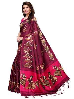 Kathak Wine Khadi Silk Printed Kalamkaari Sarees With Blouse