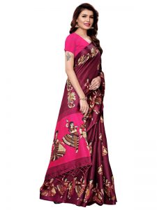 Kathak Wine Khadi Silk Printed Kalamkaari Sarees With Blouse