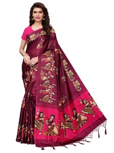 Kathak Wine Khadi Silk Printed Kalamkaari Sarees With Blouse