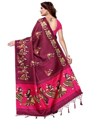 Kathak Wine Khadi Silk Printed Kalamkaari Sarees With Blouse