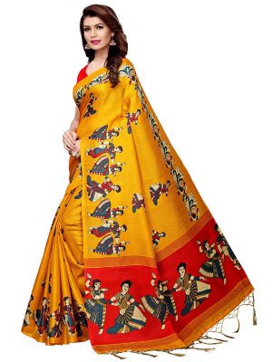 Kathak Yellow Khadi Silk Printed Kalamkaari Sarees With Blouse