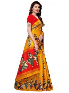 Kathak Yellow Khadi Silk Printed Kalamkaari Sarees With Blouse