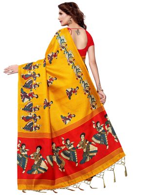 Kathak Yellow Khadi Silk Printed Kalamkaari Sarees With Blouse