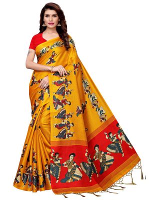 Kathak Yellow Khadi Silk Printed Kalamkaari Sarees With Blouse