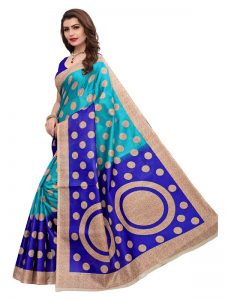 Kora Blue Khadi Silk Printed Kalamkaari Sarees With Blouse