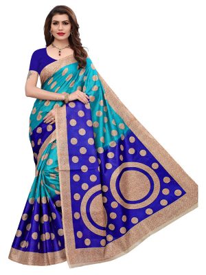 Kora Blue Khadi Silk Printed Kalamkaari Sarees With Blouse