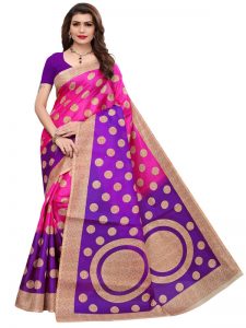 Kora Pink Khadi Silk Printed Kalamkaari Sarees With Blouse