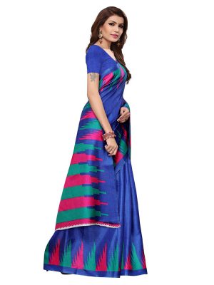 Madhuri Blue Khadi Silk Printed Kalamkaari Sarees With Blouse