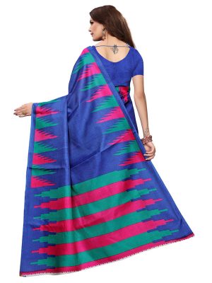 Madhuri Blue Khadi Silk Printed Kalamkaari Sarees With Blouse