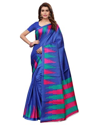 Madhuri Blue Khadi Silk Printed Kalamkaari Sarees With Blouse