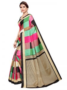 Madras Checks Black Khadi Silk Printed Kalamkaari Sarees With Blouse