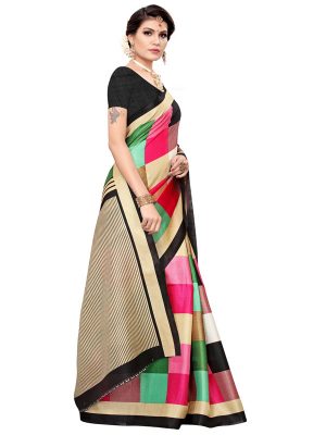 Madras Checks Black Khadi Silk Printed Kalamkaari Sarees With Blouse