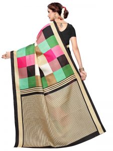 Madras Checks Black Khadi Silk Printed Kalamkaari Sarees With Blouse