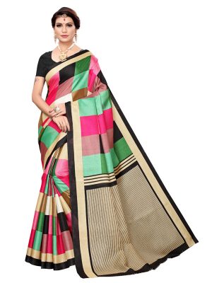 Madras Checks Black Khadi Silk Printed Kalamkaari Sarees With Blouse