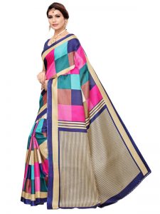 Madras Checks Navy Khadi Silk Printed Kalamkaari Sarees With Blouse