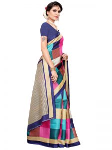 Madras Checks Navy Khadi Silk Printed Kalamkaari Sarees With Blouse