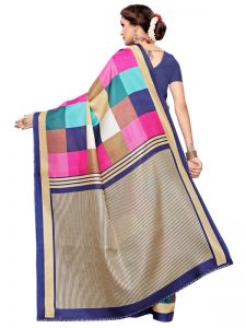 Madras Checks Navy Khadi Silk Printed Kalamkaari Sarees With Blouse