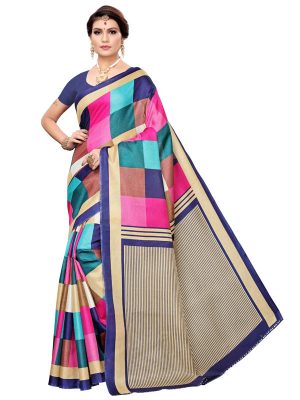 Madras Checks Navy Khadi Silk Printed Kalamkaari Sarees With Blouse