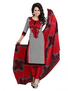 Anju Red Printed Dress Material French Crepe With Shiffon Dupatta