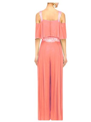 Peach Georgette Party Wear Pearls Work Jumpsuit