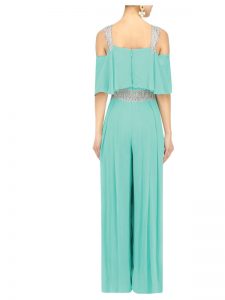 Sea Green Georgette Party Wear Pearls Work Jumpsuit