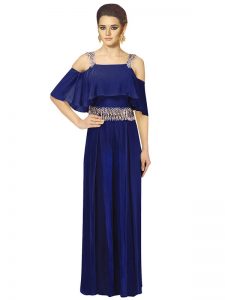 Blue Georgette Party Wear Pearls Work Jumpsuit