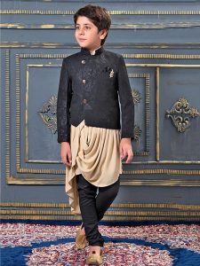 Beige Jacqaurd Party Wear Fancy Kids Dhoti Kurta