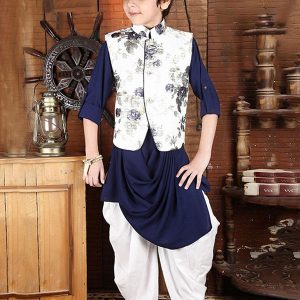 Navy Blue Cotton Satin Party Wear Printed Work Kids Dhoti Kurta