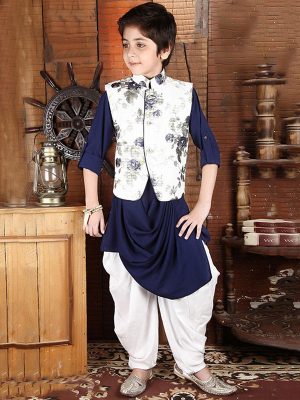 Navy Blue Cotton Satin Party Wear Printed Work Kids Dhoti Kurta