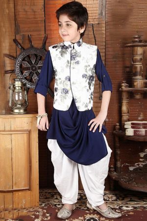 Navy Blue Cotton Satin Party Wear Printed Work Kids Dhoti Kurta