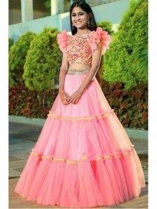 Letest Pink Colored Three Layers Ruffle Net Lehenga