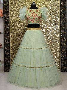 New Pista Colored Three Layers Ruffle Net Lehenga