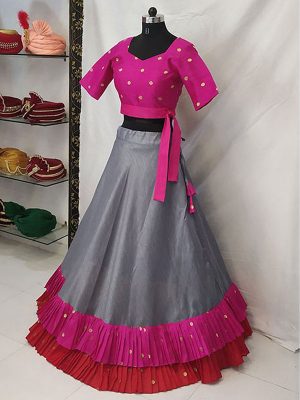 New Arrivals Grey and Pink Colored Banglory Ruffle Lehenga